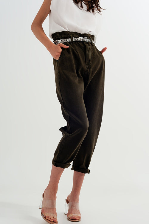 Dad Jeans With Paper Bag Waist in Khaki-0