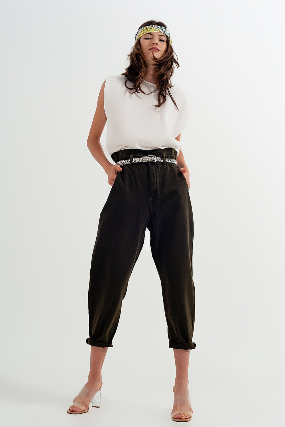 Dad Jeans With Paper Bag Waist in Khaki-2