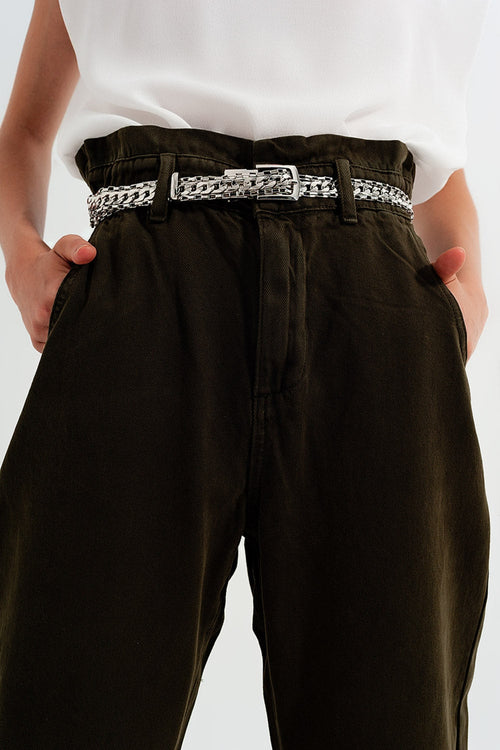 Dad Jeans With Paper Bag Waist in Khaki-1